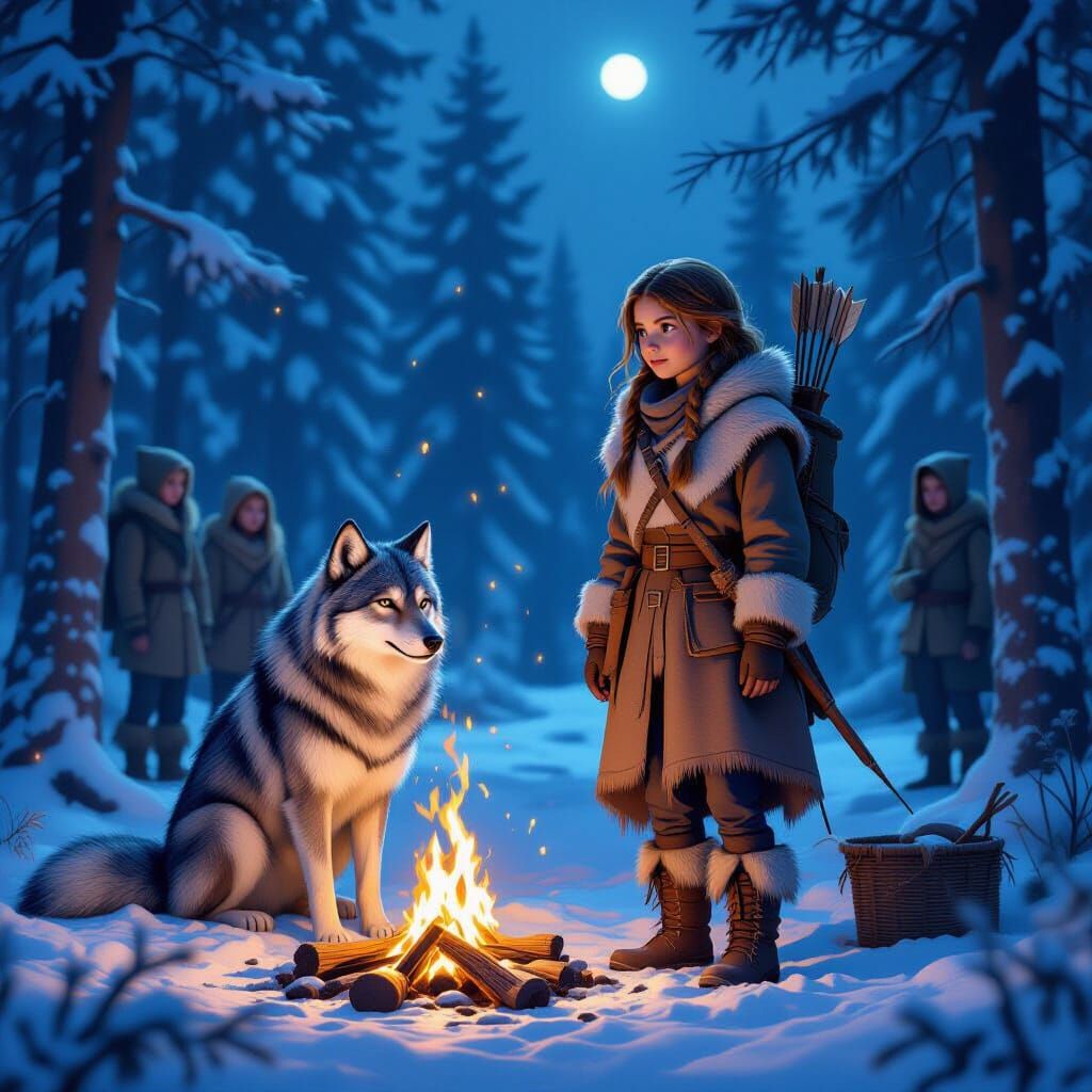 Girl and Wolf Campfire in Cold Forest