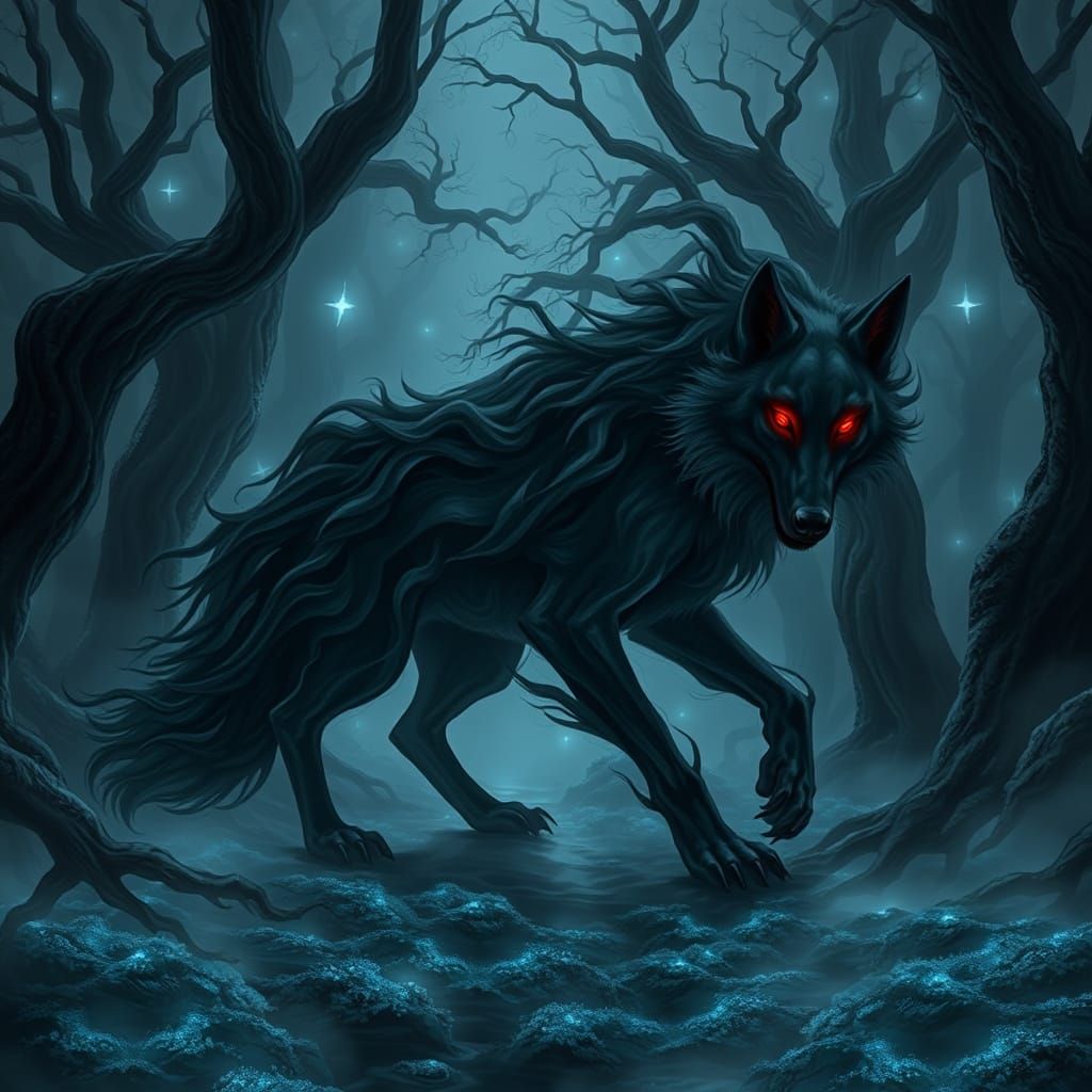 Ethereal Shadow Wolf Stalks Haunted Dark Fantasy Forest