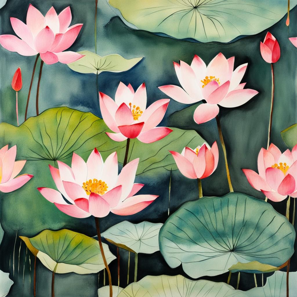 Lotus Flowers in Chinese Ink and Watercolor