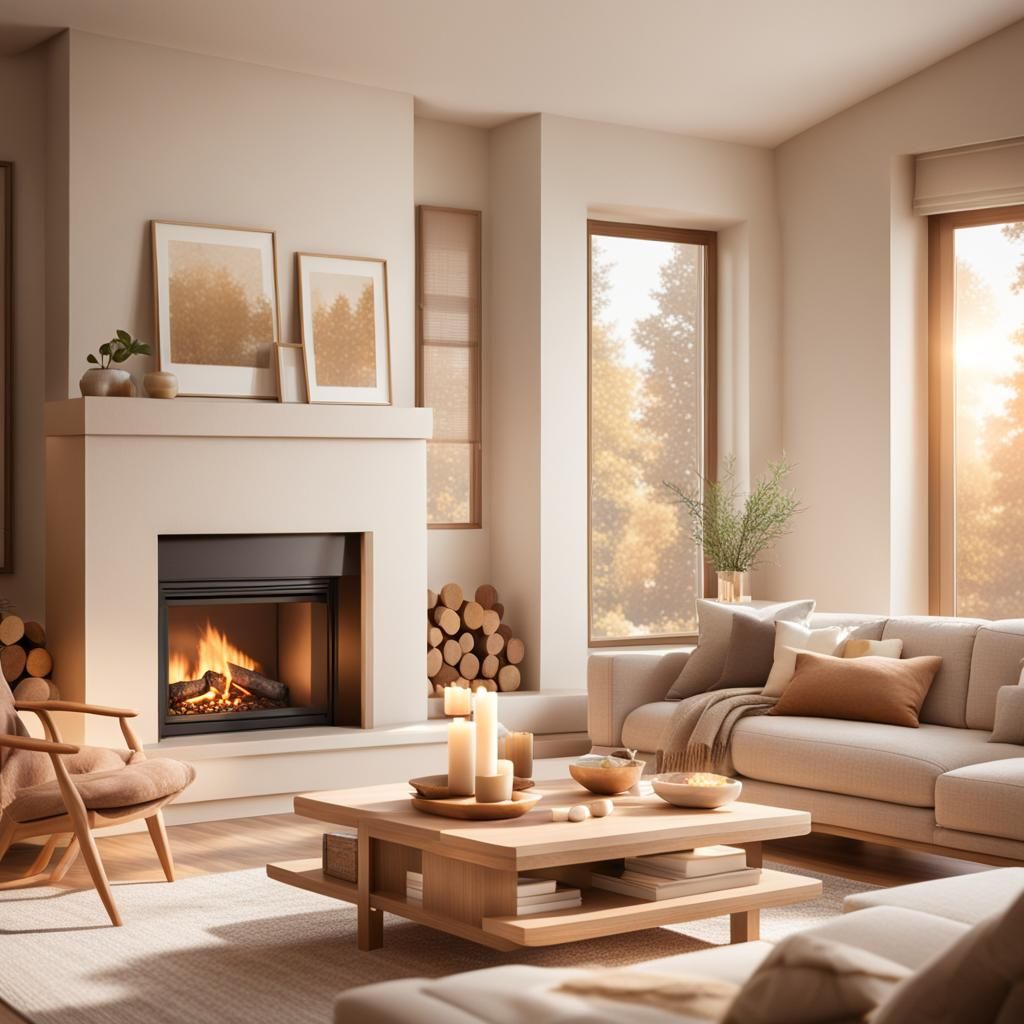 Cozy Modern Living Room with Fireplace in Autumn