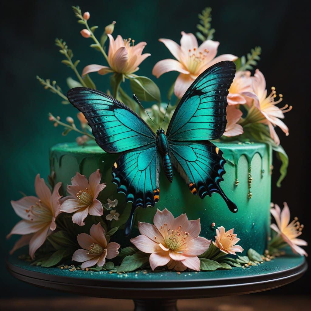 Emerald Swallowtail on Fondant Flowers: Fantastical Close-Up