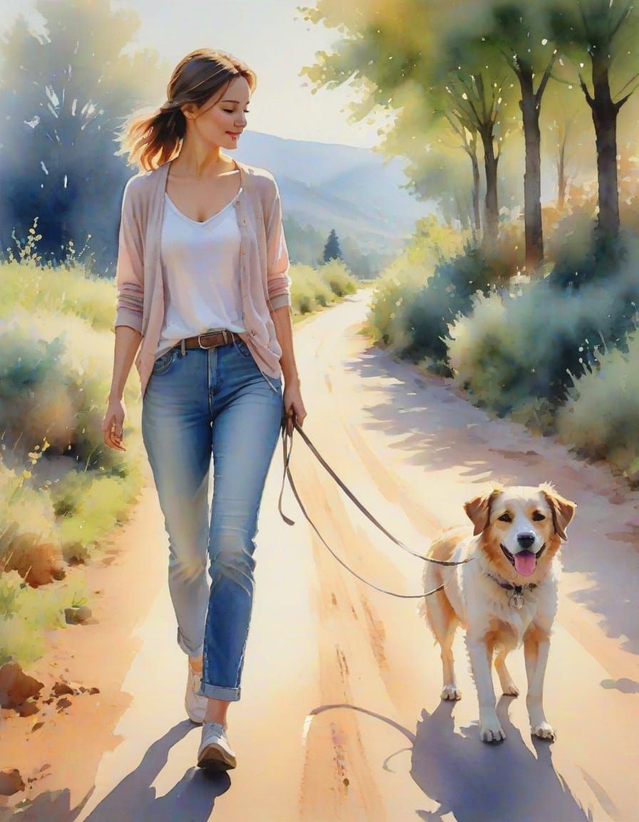 Watercolor Painting of Woman Walking Dog