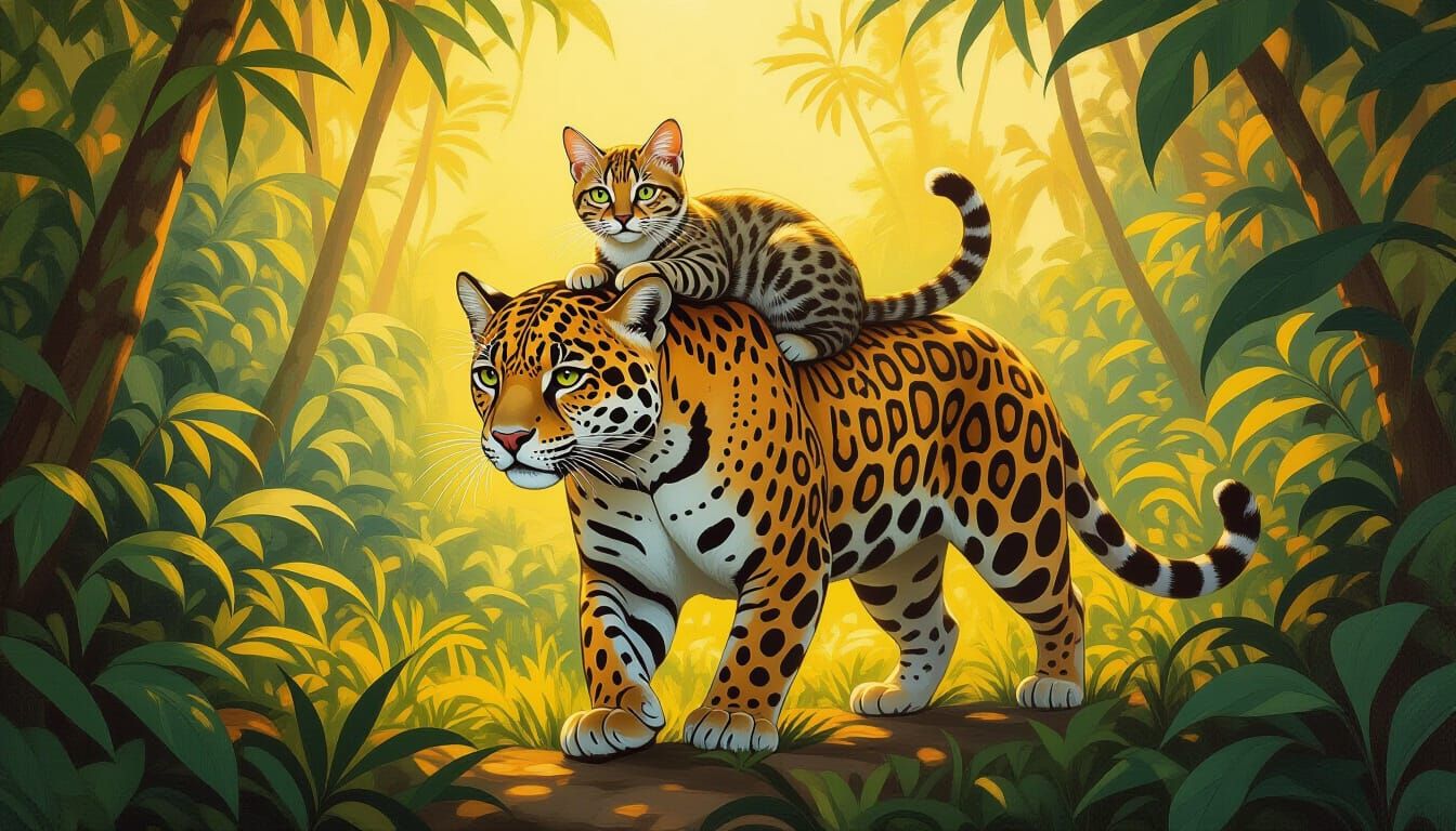 Jaguar and Cat Play in Jungle, Oil Painting