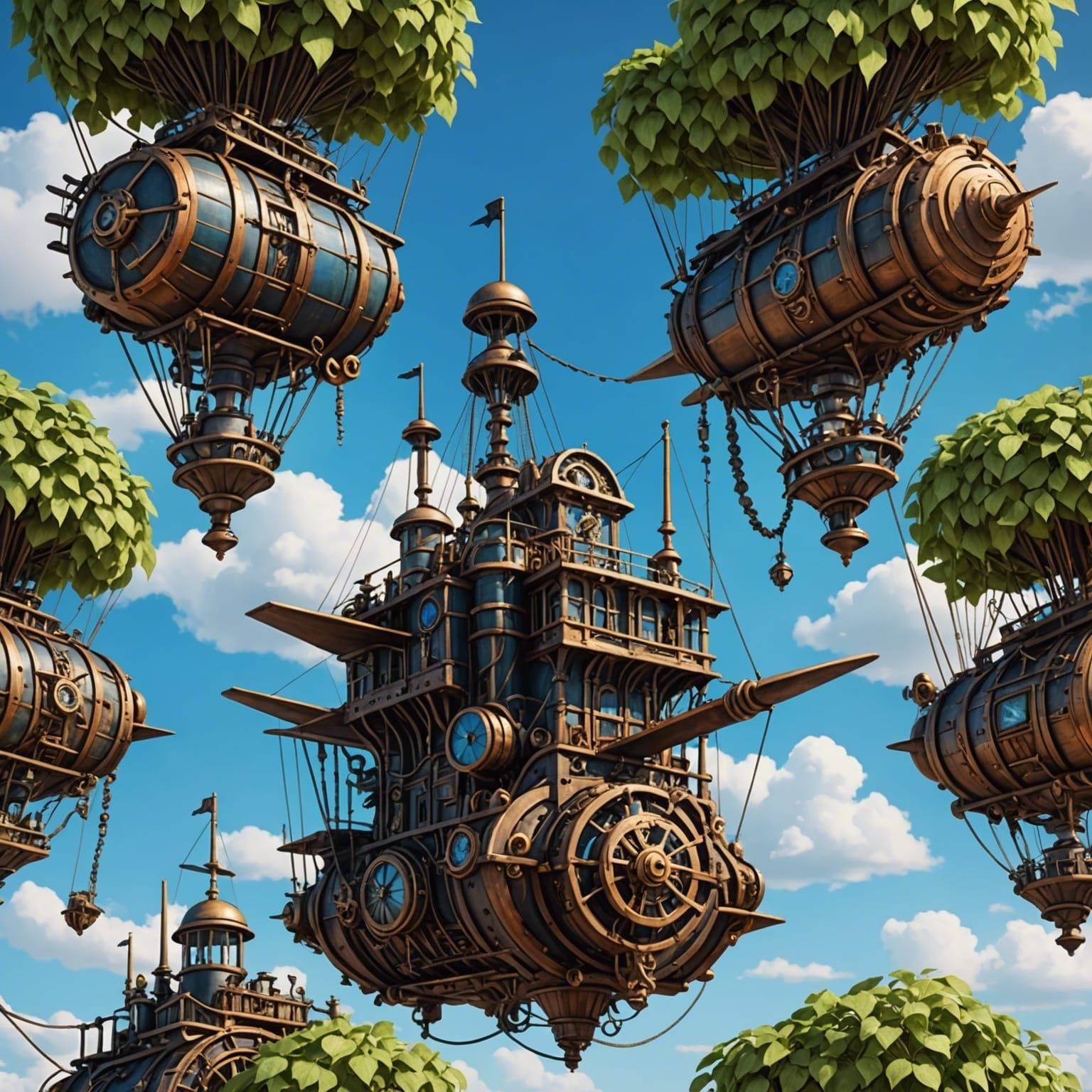 Flying Steampunk Ships in a Blue Sky
