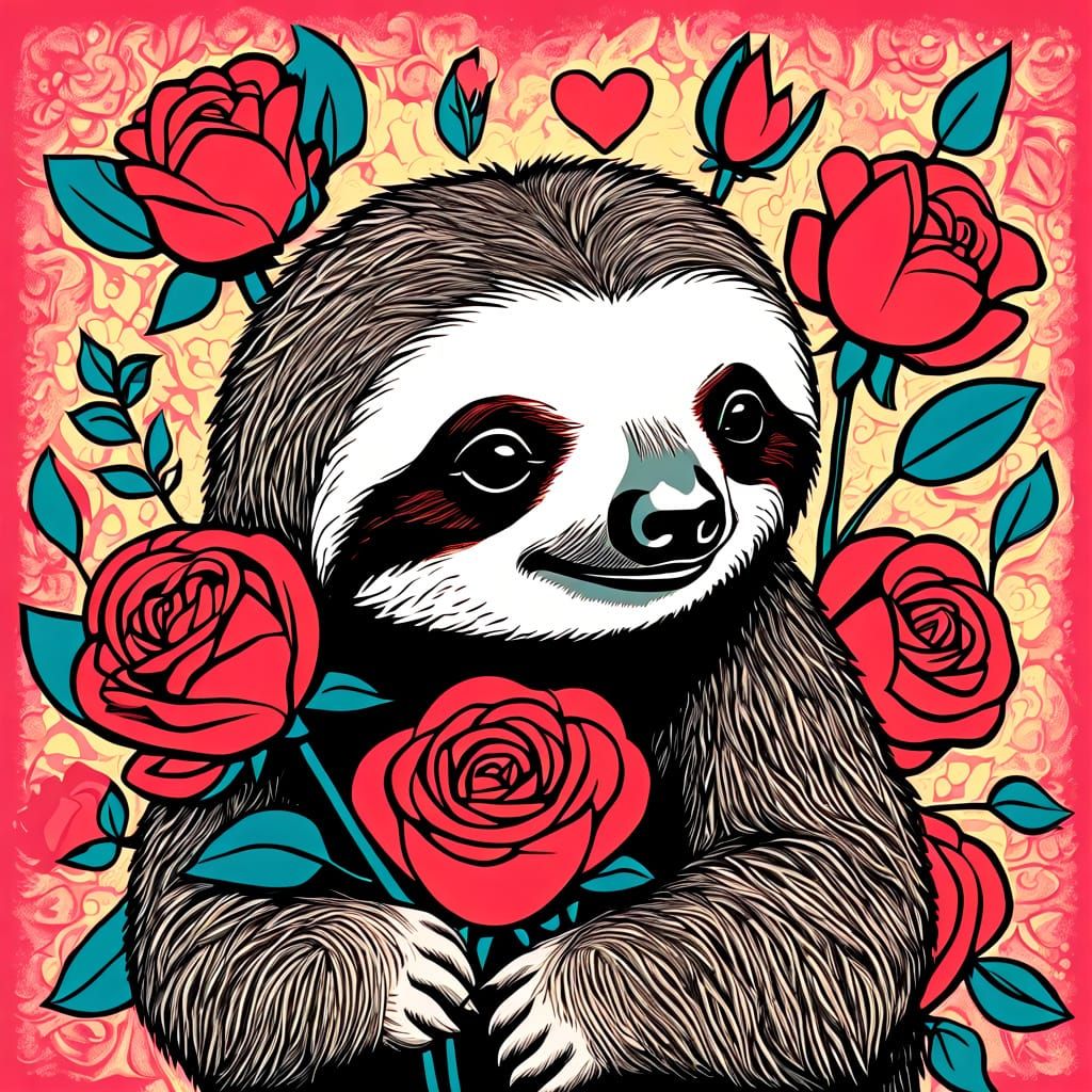 Pop Art Sloth Embracing Roses with Joy