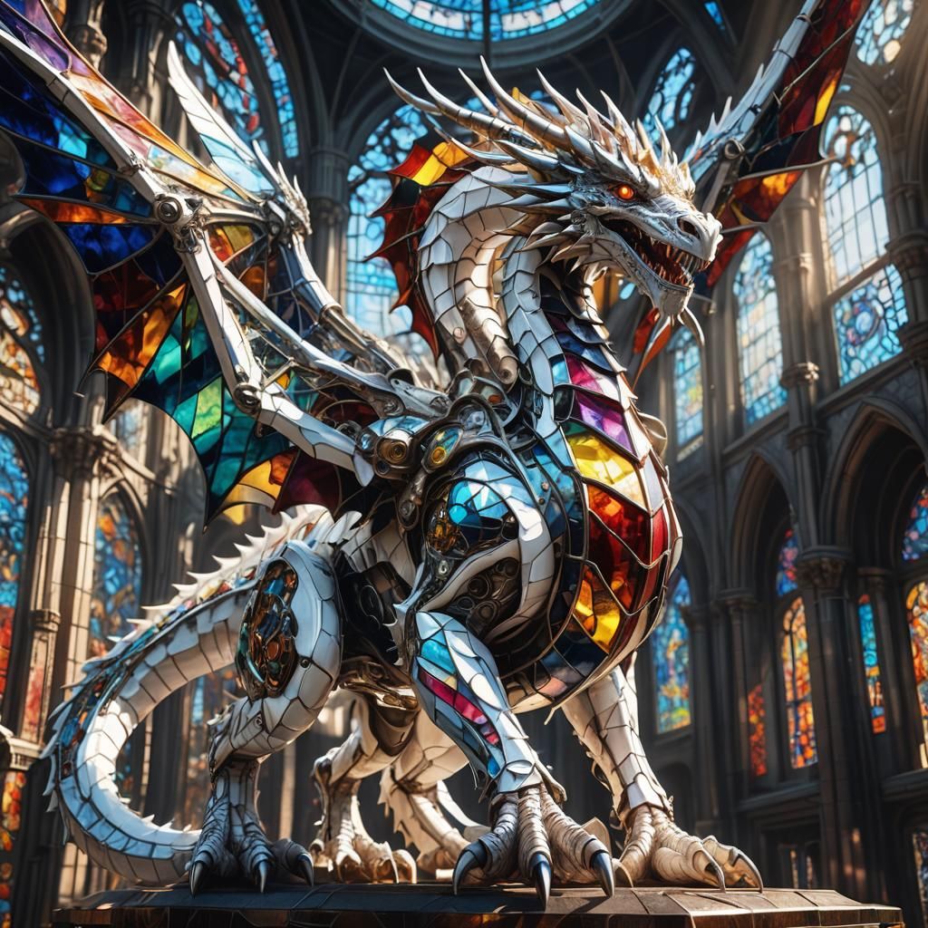 Biomechanical Dragon with Stained Glass Wings in Cyberpunk S...