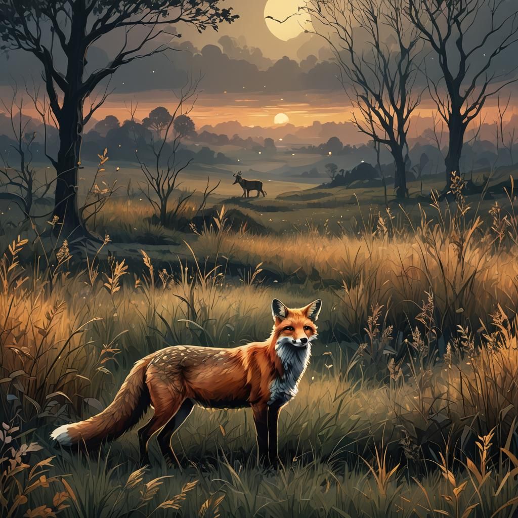 Fox and Deer in Field at Dusk
