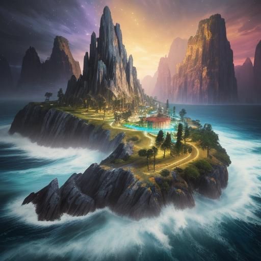 Magical Island with Mythical Creatures: Hyperrealistic Art D...