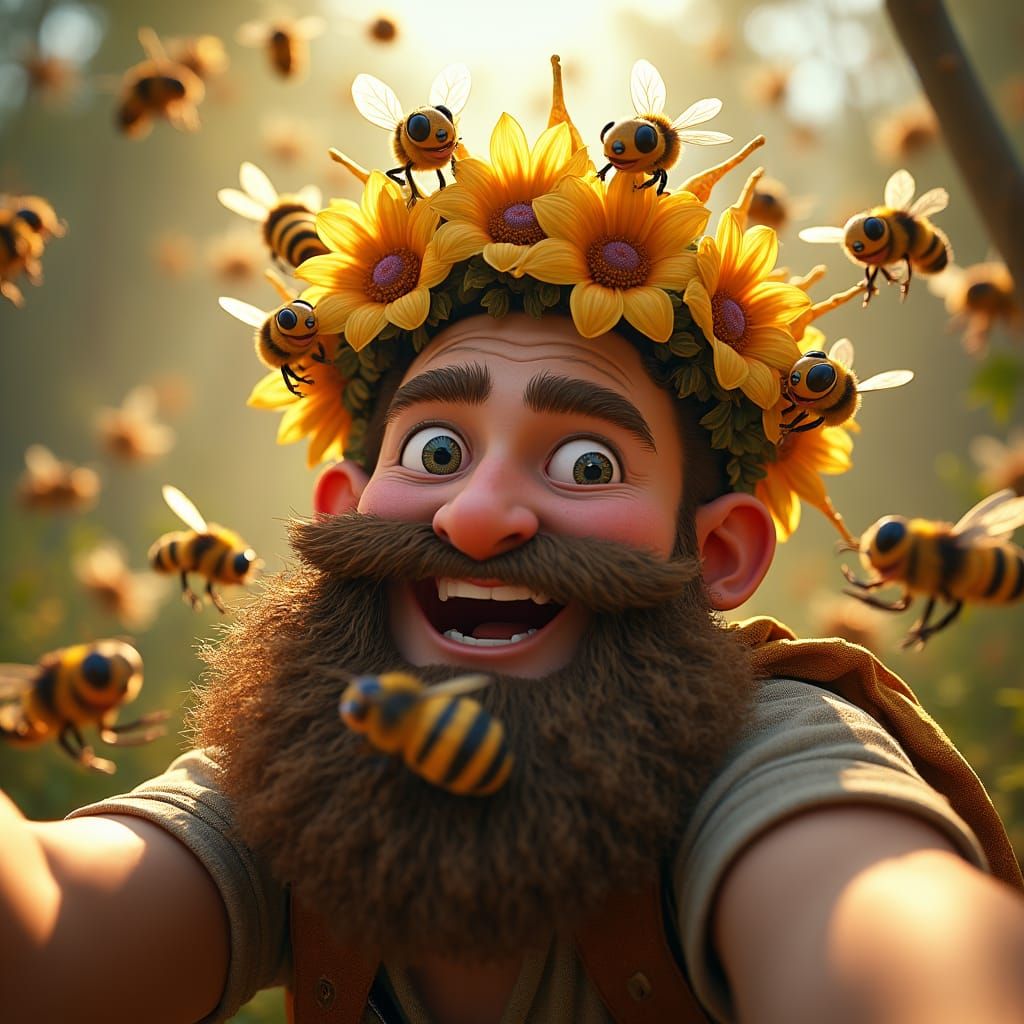 Bearded Man's Whimsical Selfie with Adorable Bees