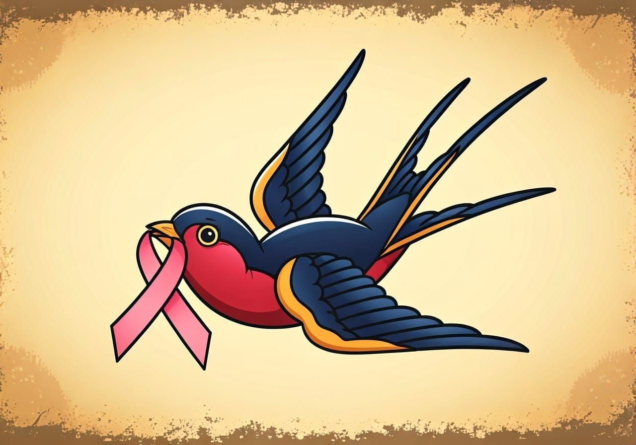 Vintage Swallow Tattoo with Cancer Awareness Ribbon