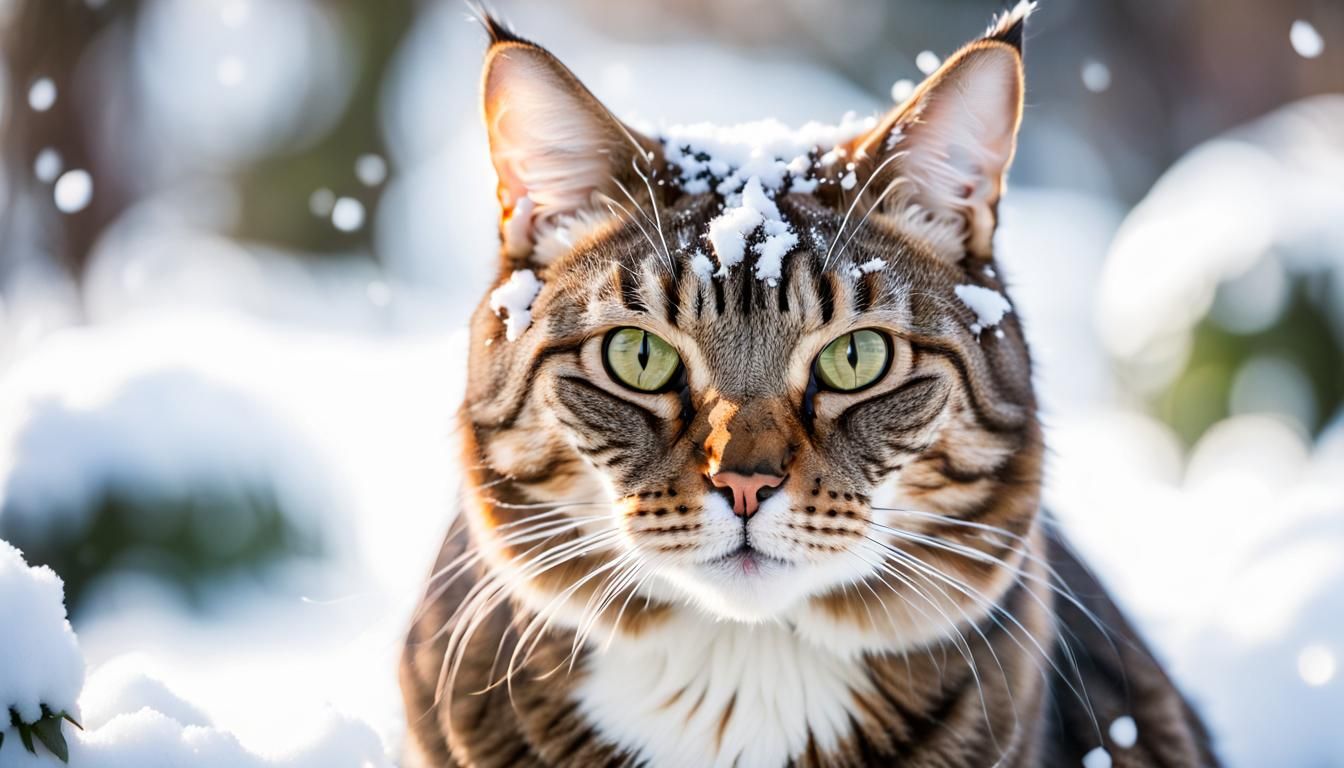 Tabby Cat in Winter Garden, Professional Photography