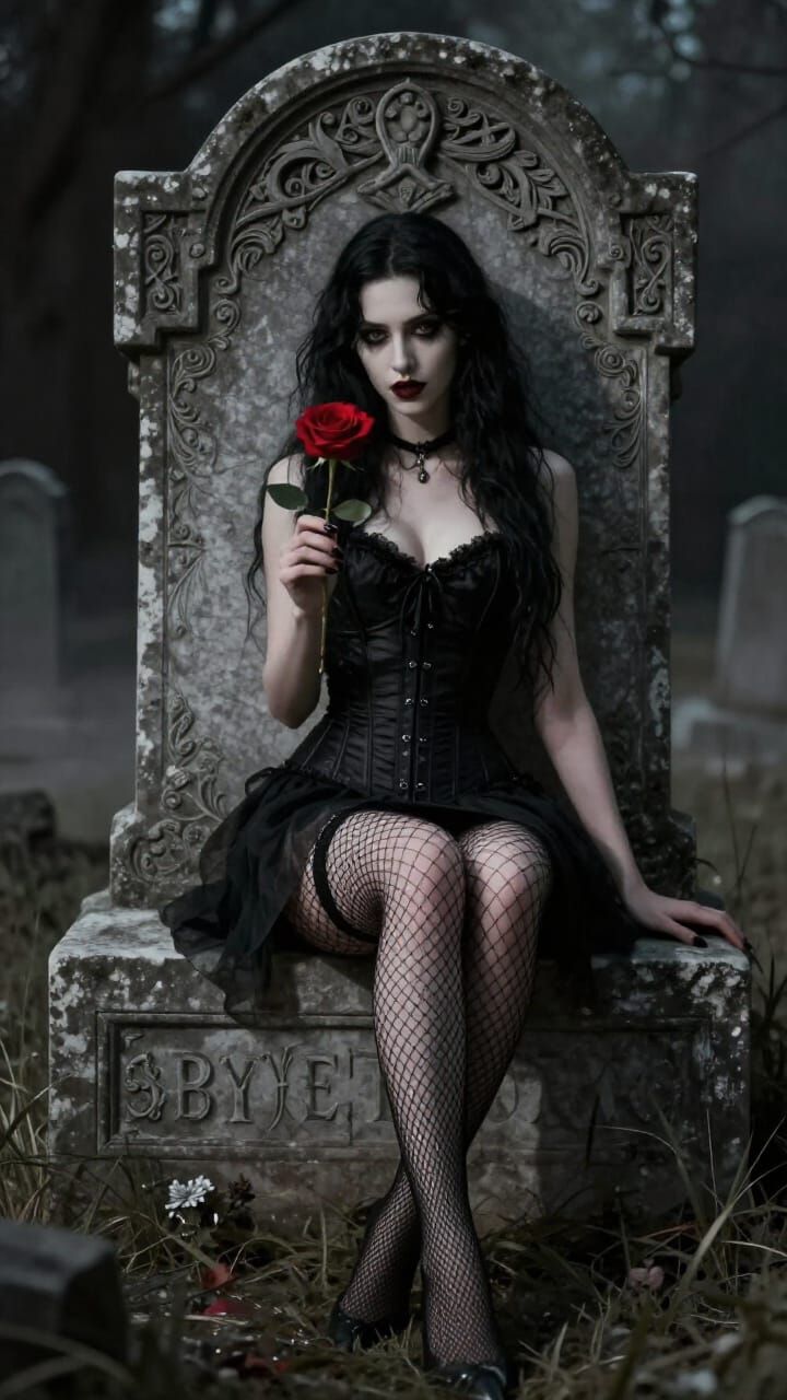 Gothic Woman on Tombstone with Red Rose