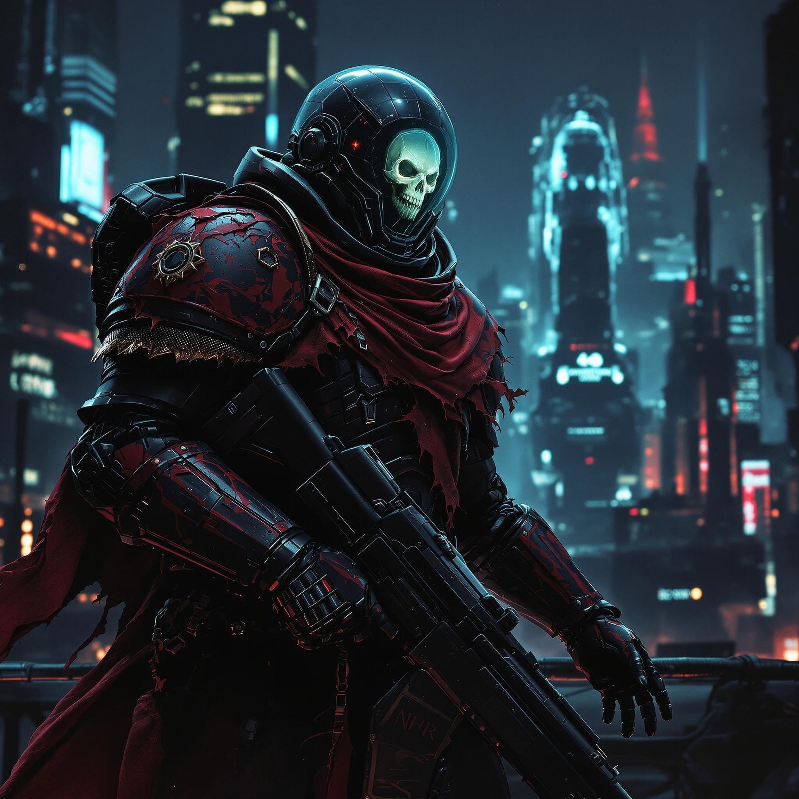 Warhammer 40K Space Marine in Futuristic Cityscape