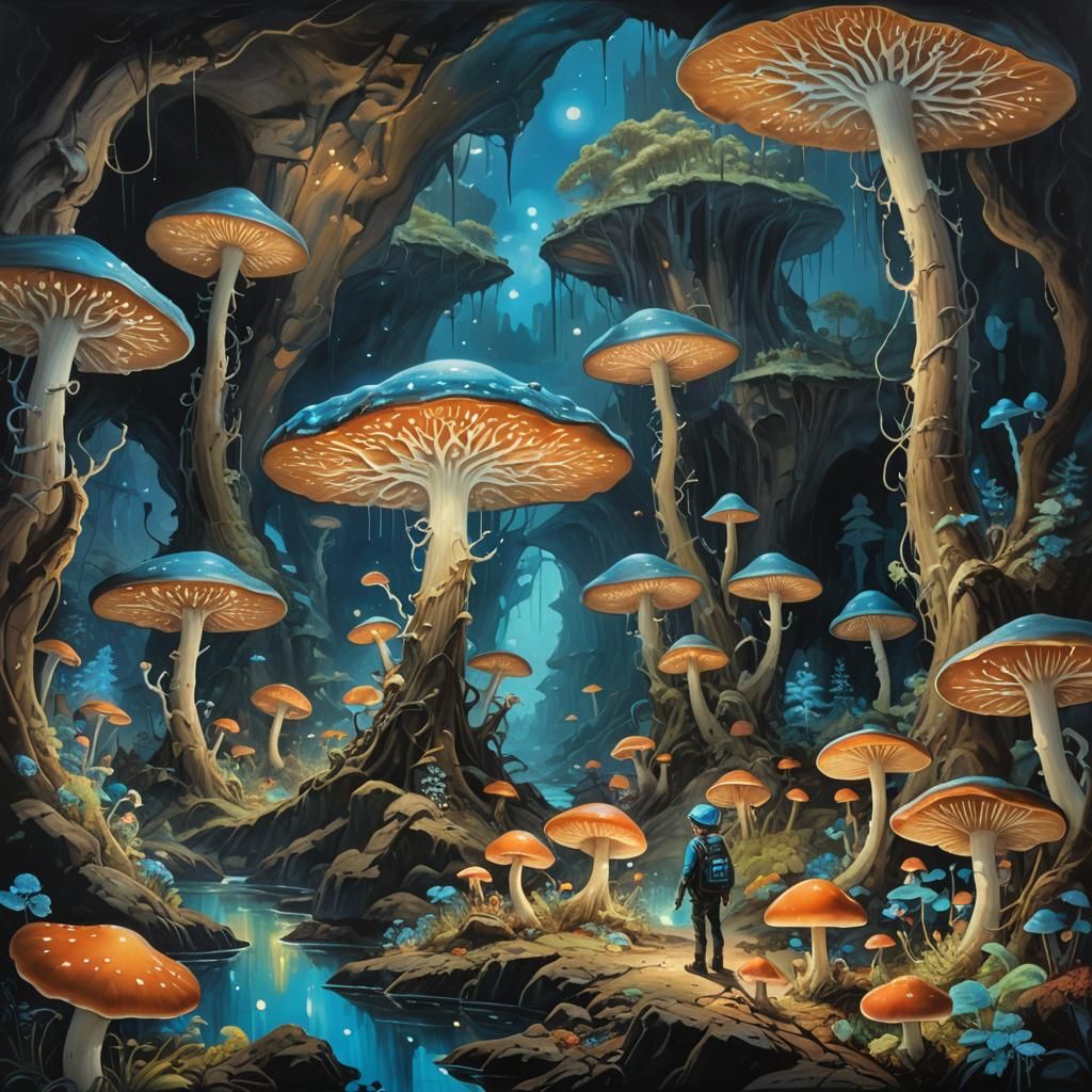 Bioluminescent Fungi Illuminate Hidden Cave in Oil Painting