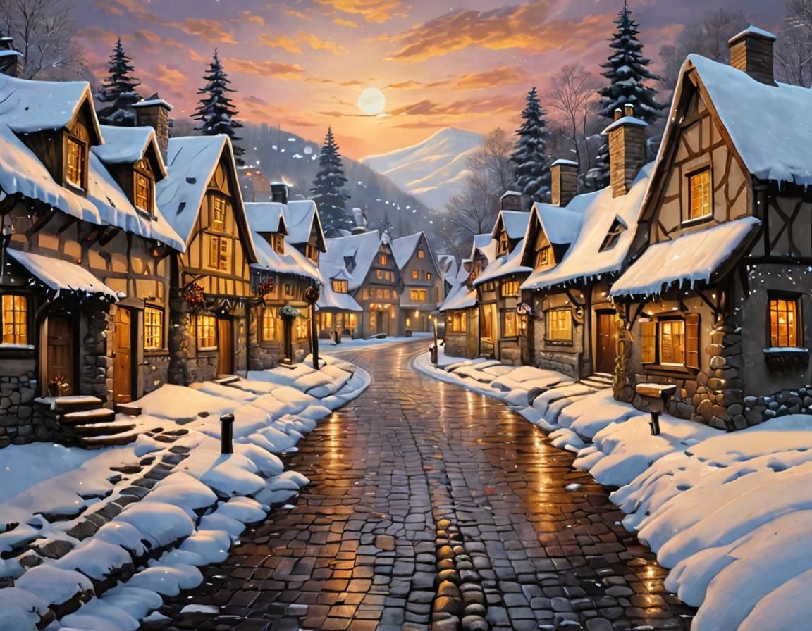 Winter Village Scene in Acrylic Painting Style