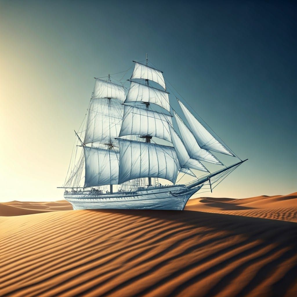Mirage of a Water Sail Ship in the Desert