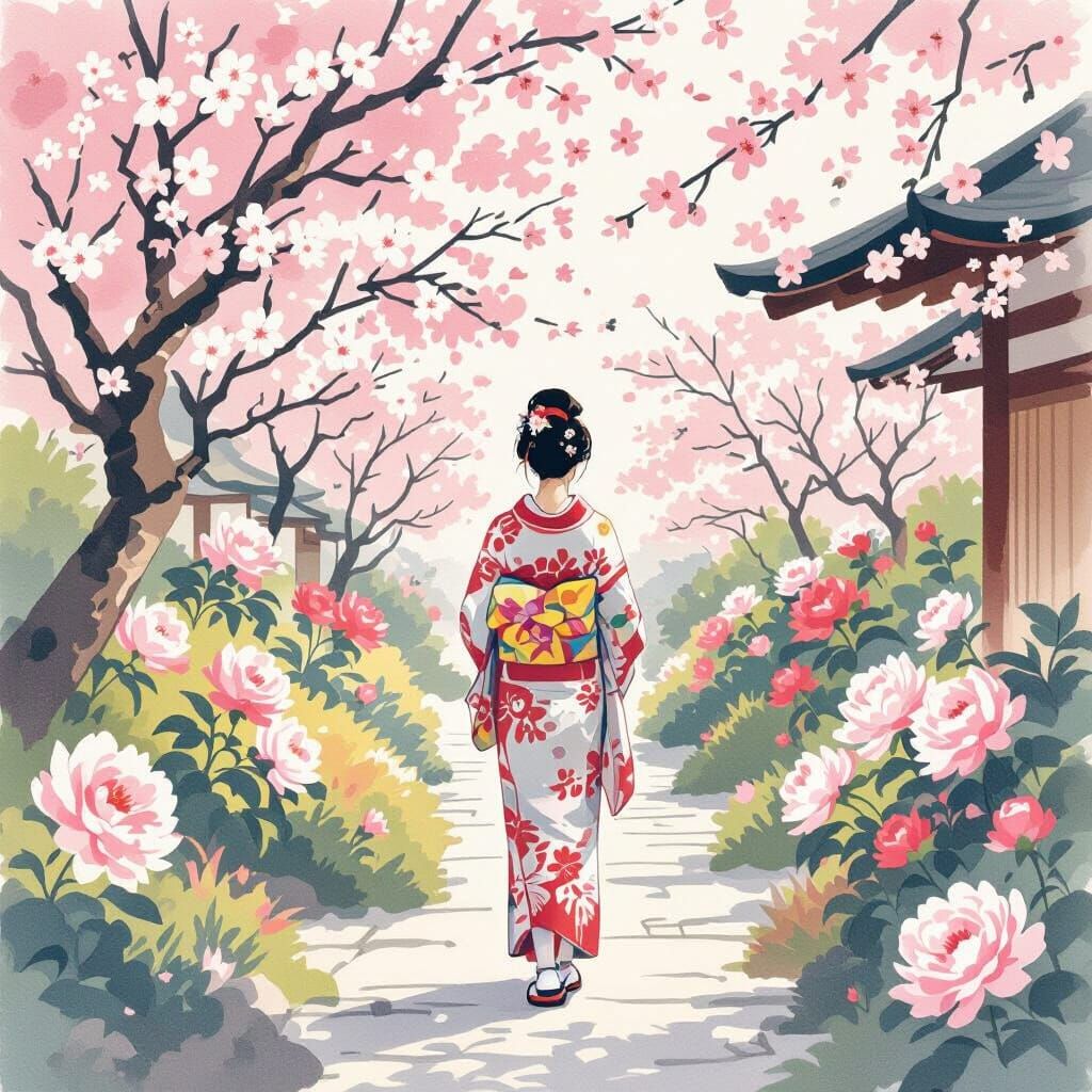 Woman in Kimono in Japanese Garden, Ukiyo-e Style