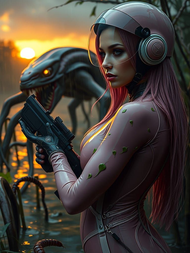 Cyberpunk Goddess Prepares for Battle in Gritty Alien Mangro...