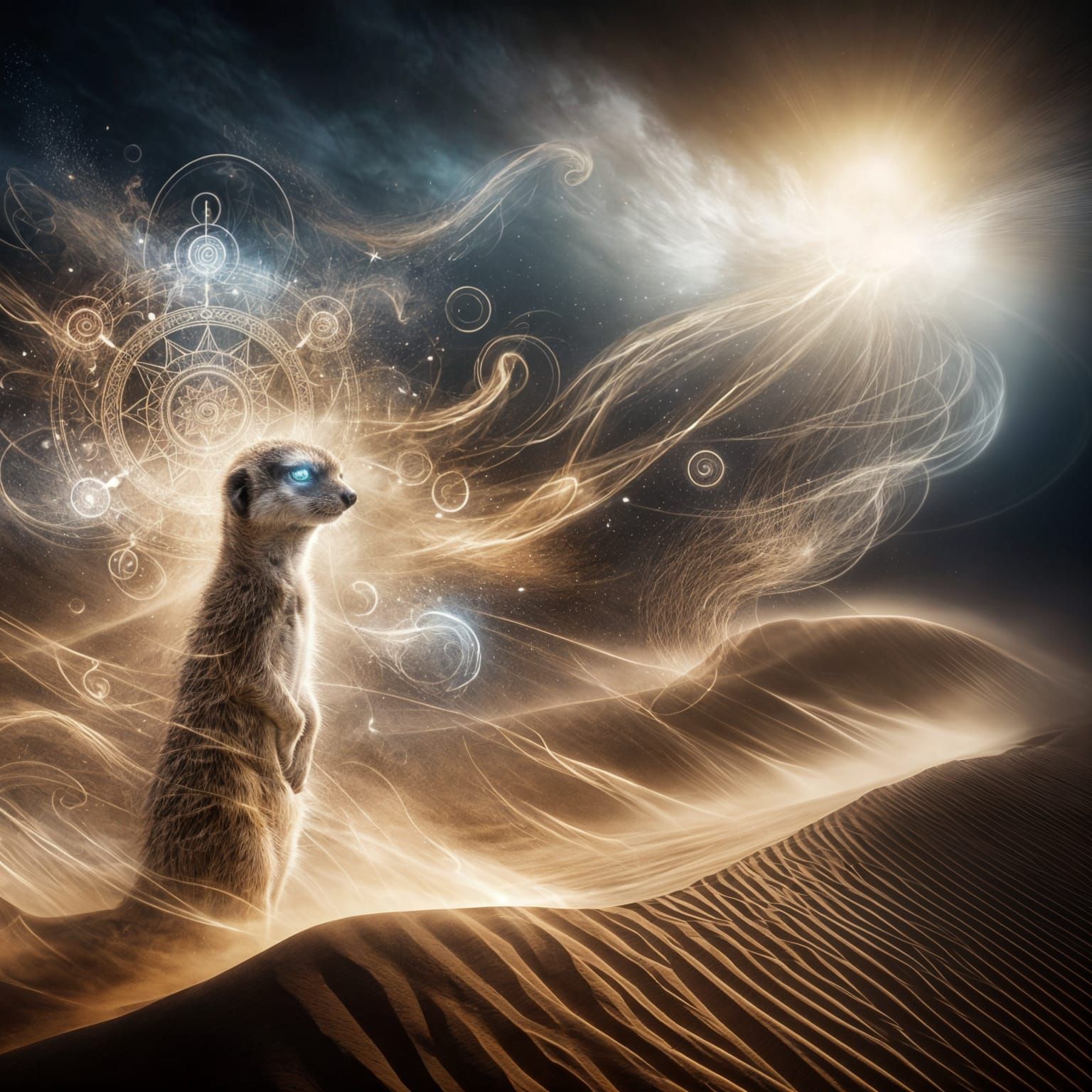 Mystical Meerkat Spirit in Desert Sandstorm
