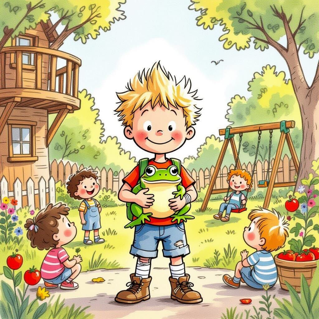 Boy Shows Frog, Watercolor Cartoon Storybook Illustration