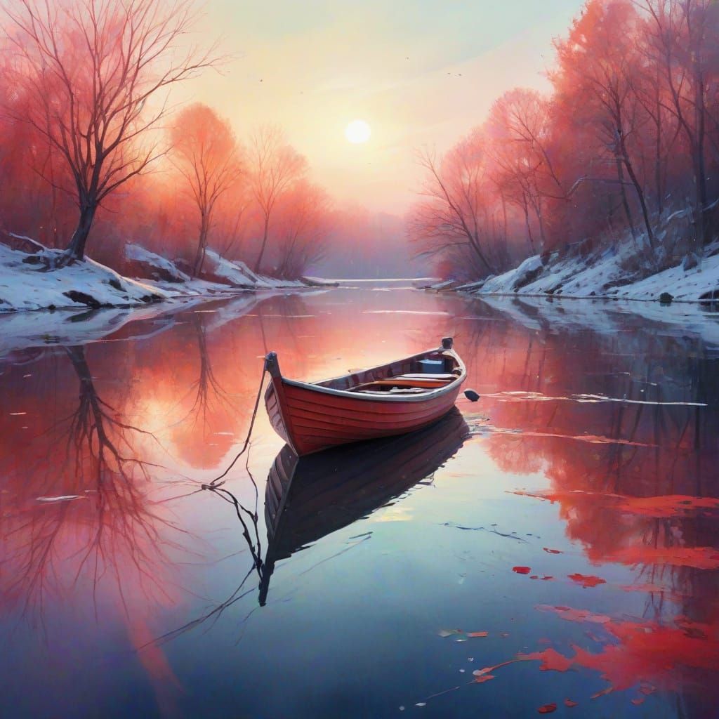 Vibrant Watercolour Winter Wonderland with Fantasy Boat