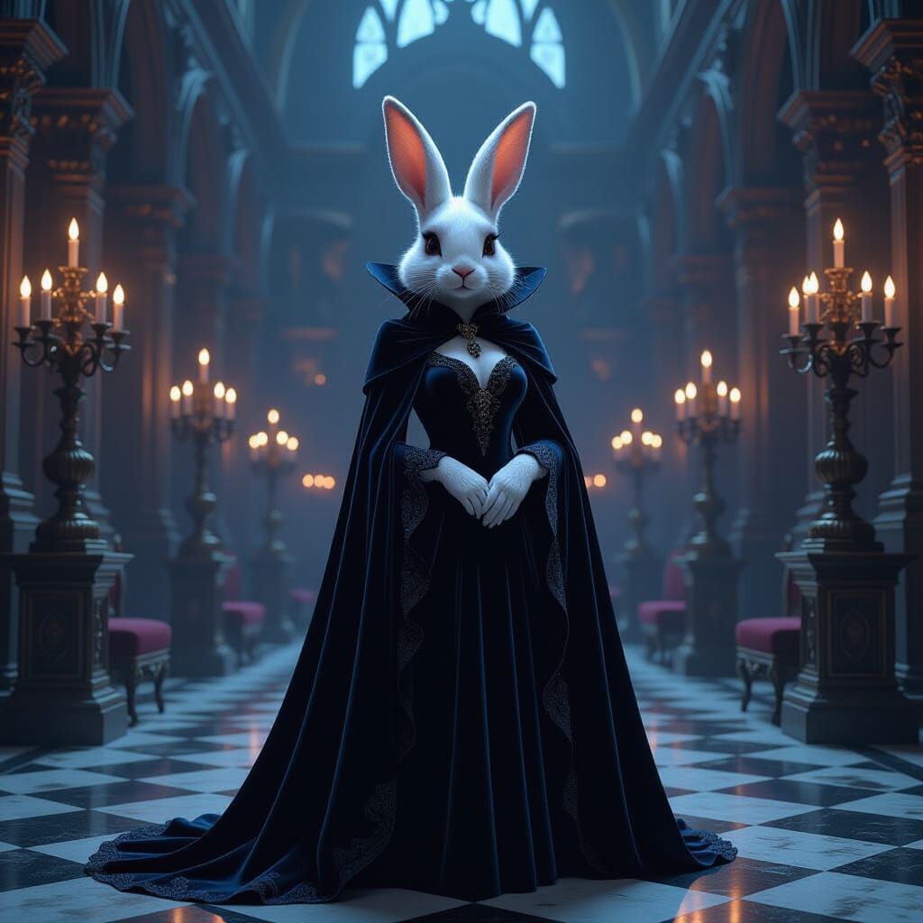 Rabbit Transforms into Shadow Figure in Gothic Ballroom