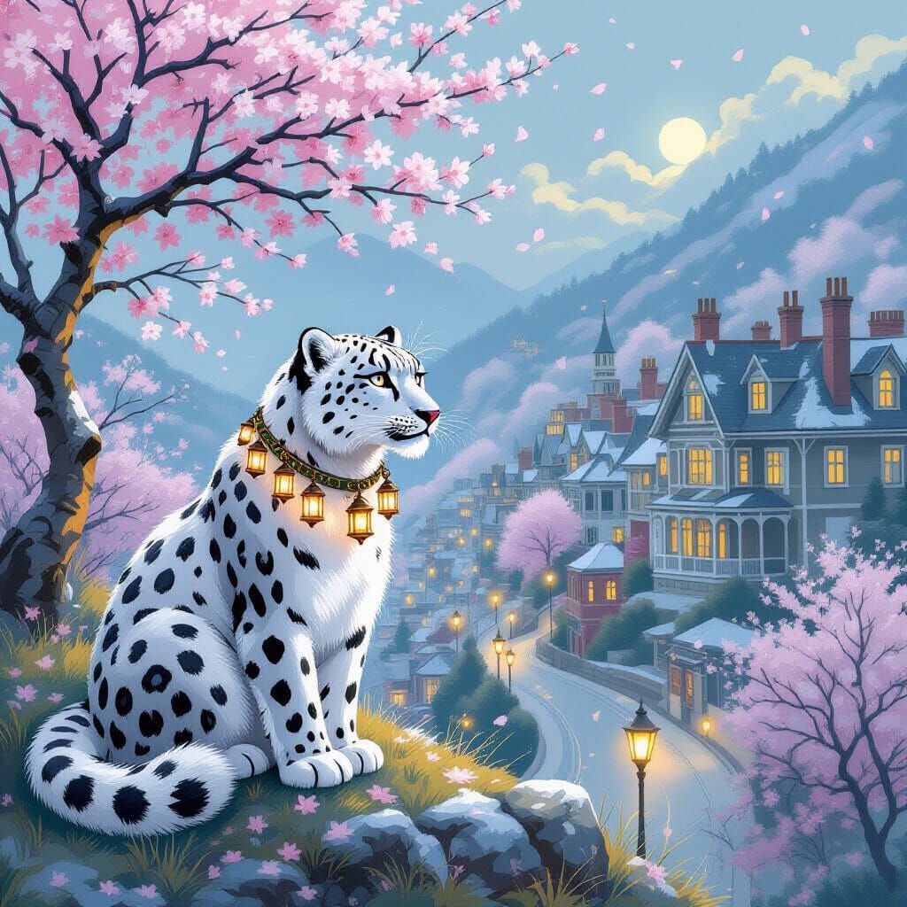 Snow Leopard Overlooks Whimsical Victorian City