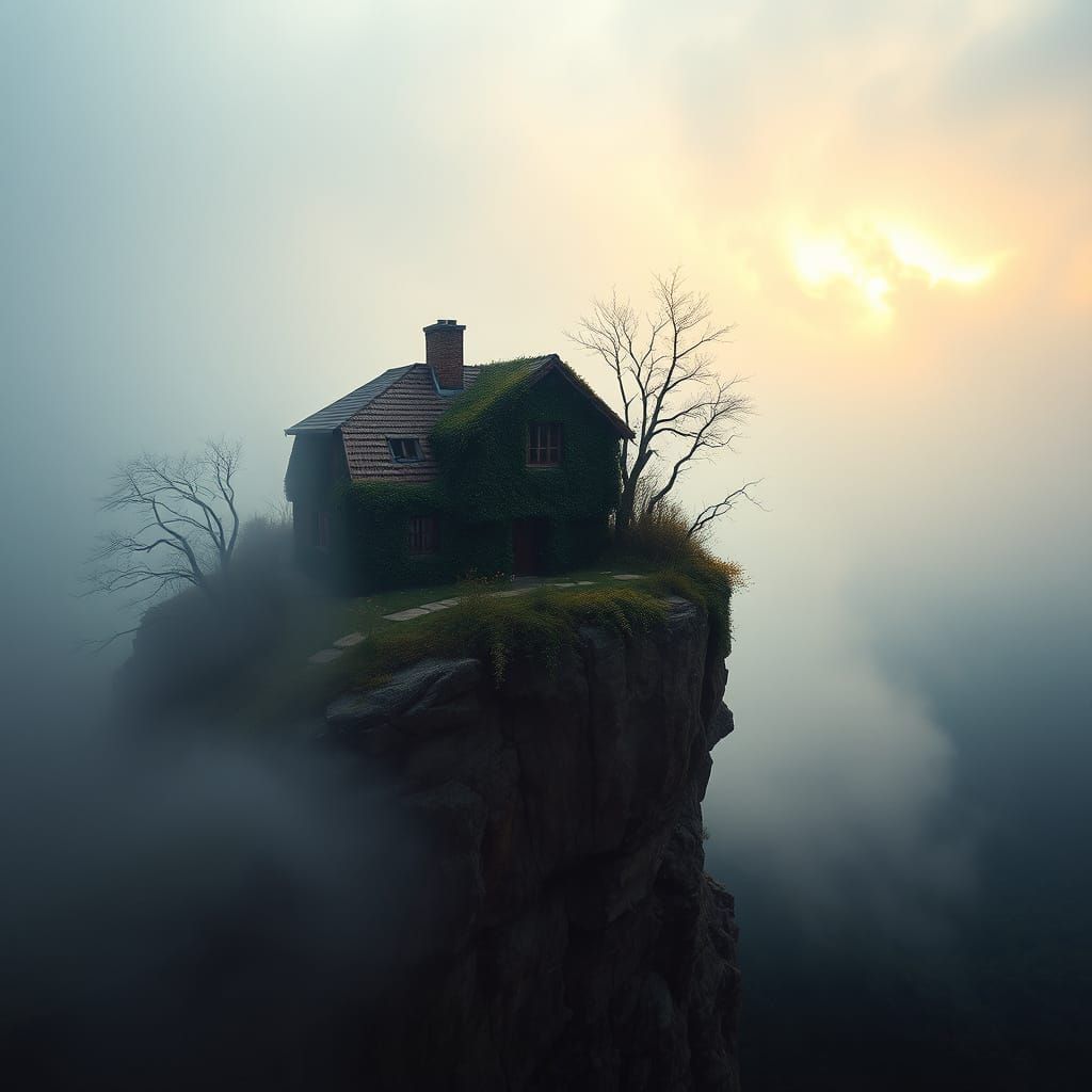 Rustic Cliffside Cottage in Golden Dawn Light