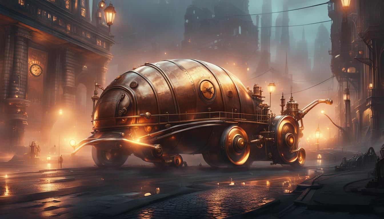 Steampunk Snail Vehicle on Futuristic Road