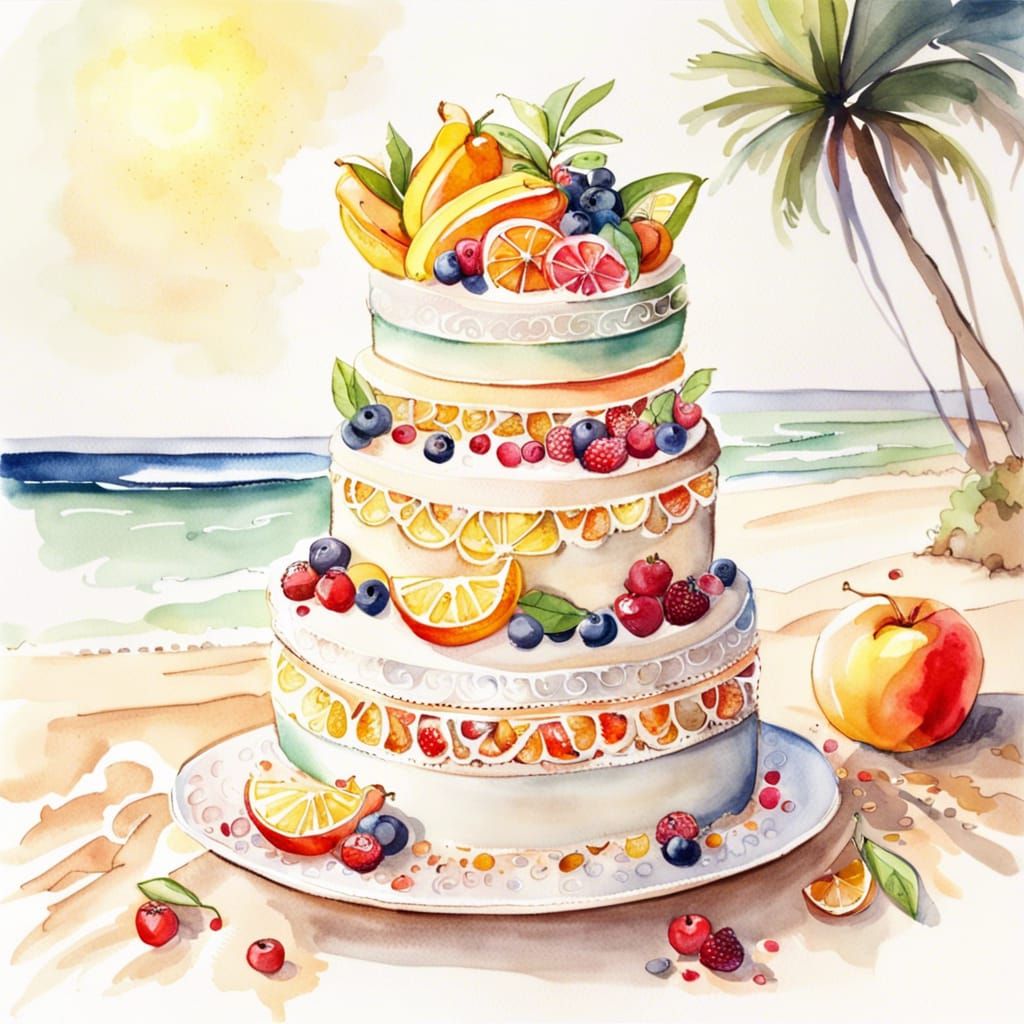 Fruit Cake Slice Beach: Detailed Watercolour Painting