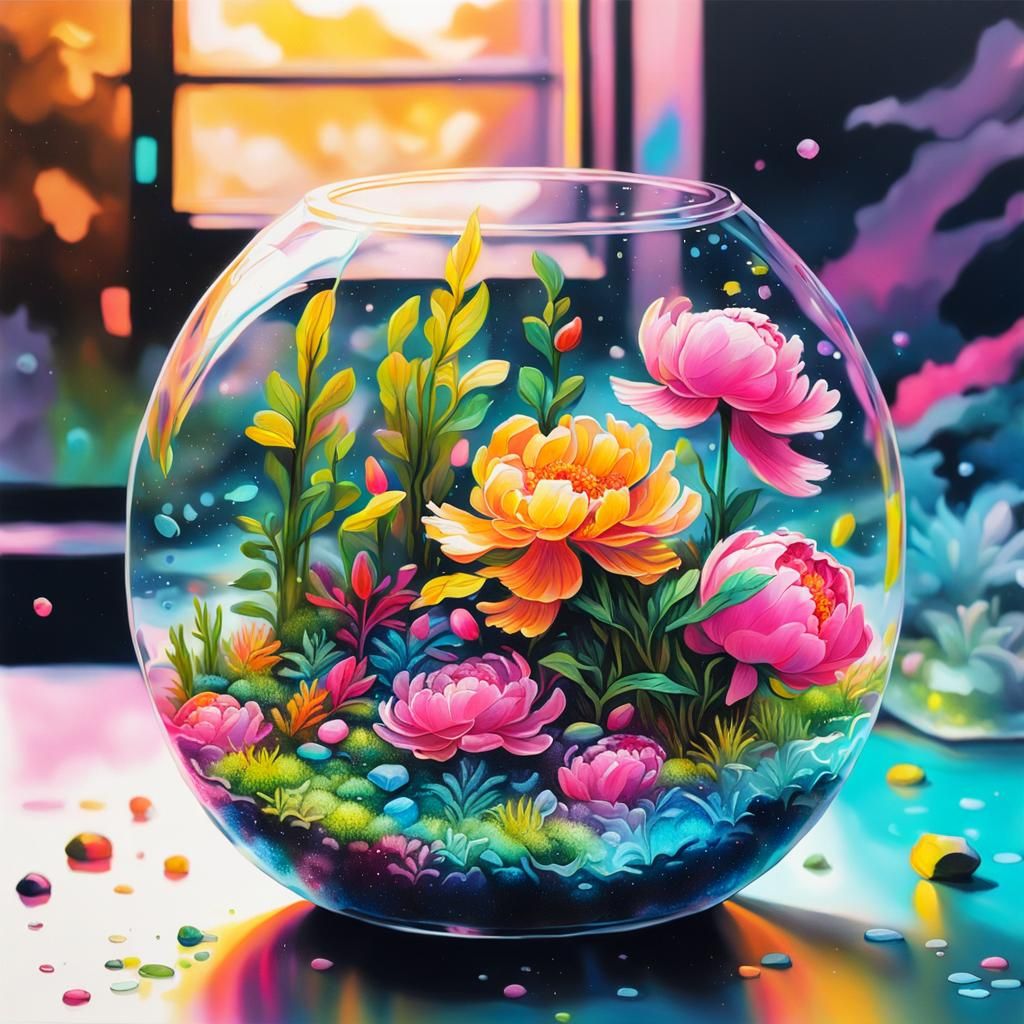 Terrarium of Life Floating in Ocean Ambient, Neon Colors