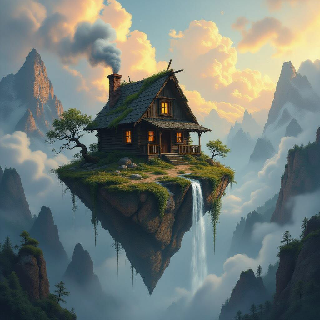 Floating Island Cabin in Dark Fantasy Art Nouveau Style