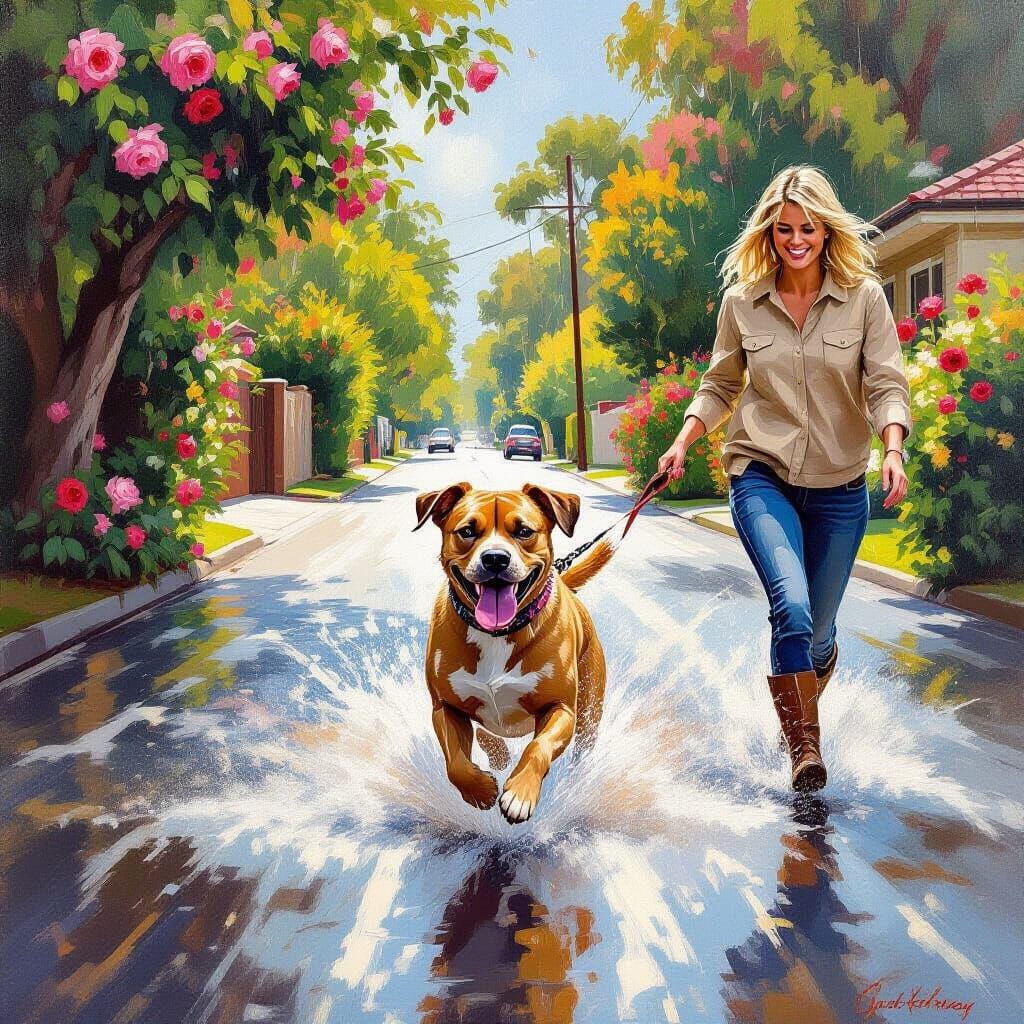 Staffy Dog Splashes in Flooded Road Oil Painting