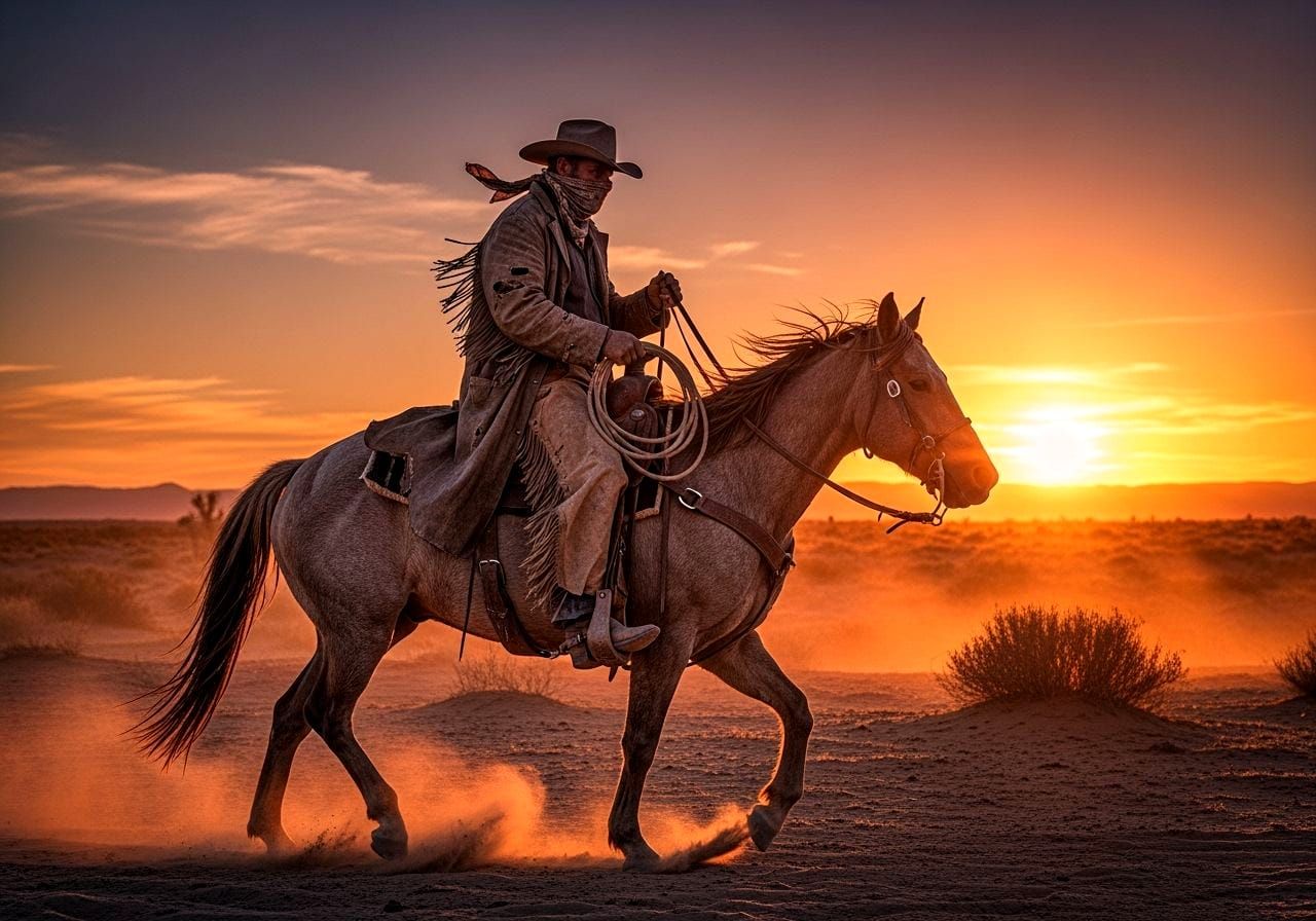 Cowboy on Horseback Riding into Desert Sunset