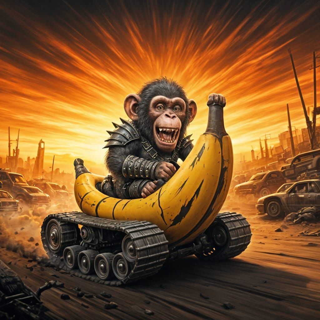 Chibi Chimp Races Banana Tank in Apocalyptic Wasteland