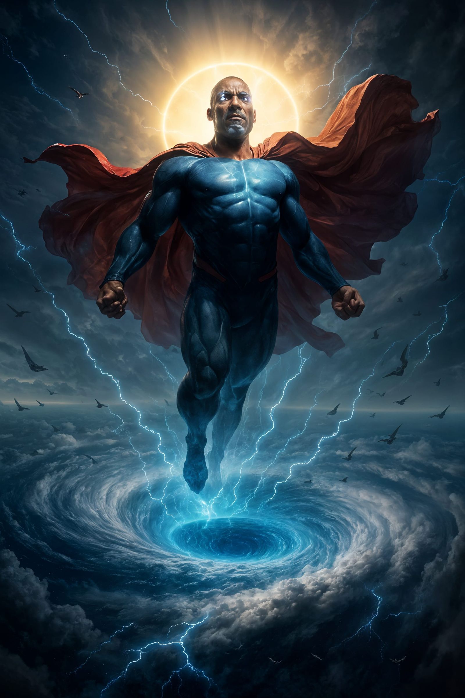 Superhero Rises From Hurricane, Photorealistic Ultra-Detail