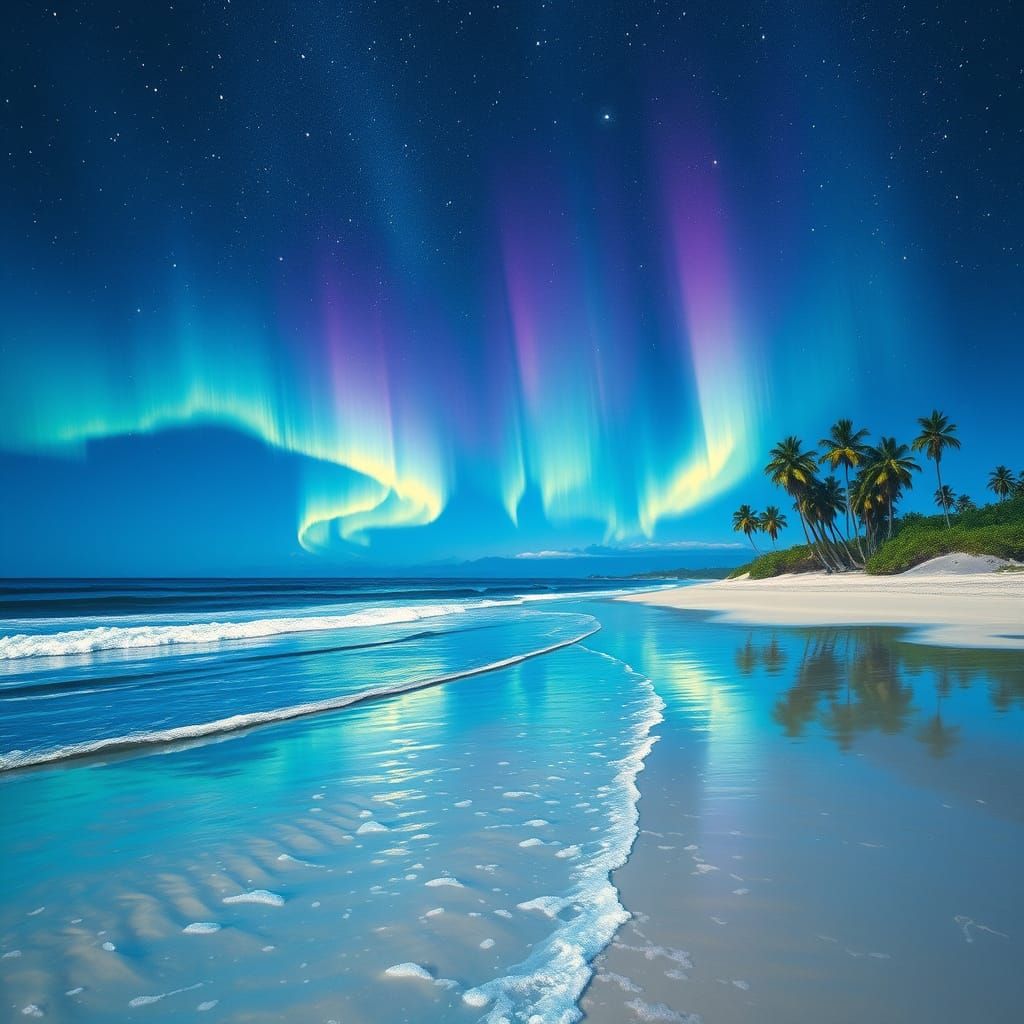 Ethereal Beachscape with Dancing Aurora Borealis