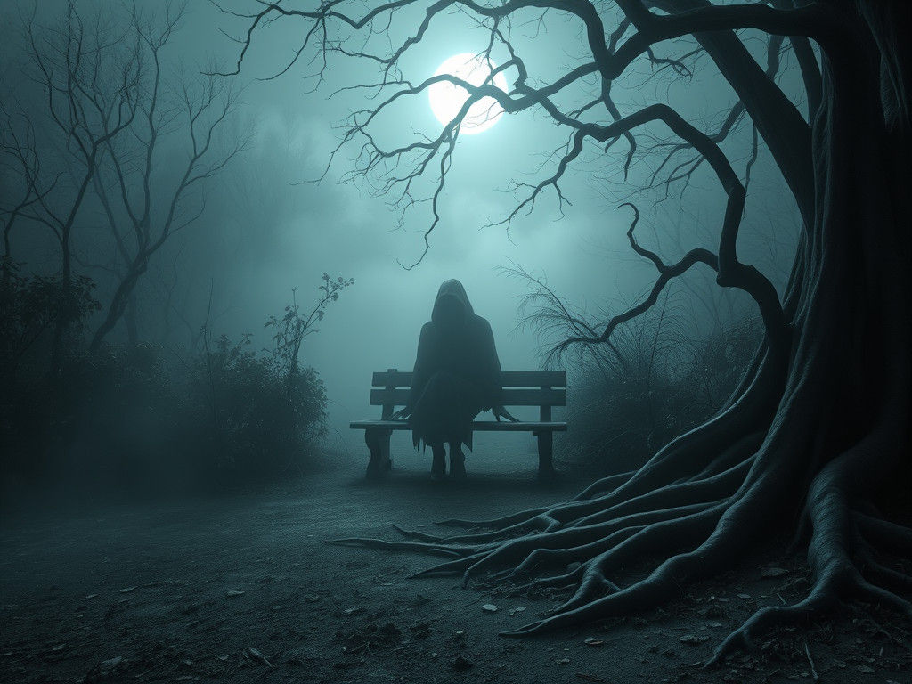 Mysterious Figure in Moonlit Garden