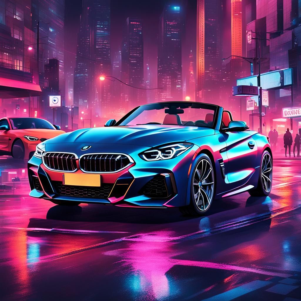 BMW Z4 M40i in Neon Cityscape, Synthwave Style