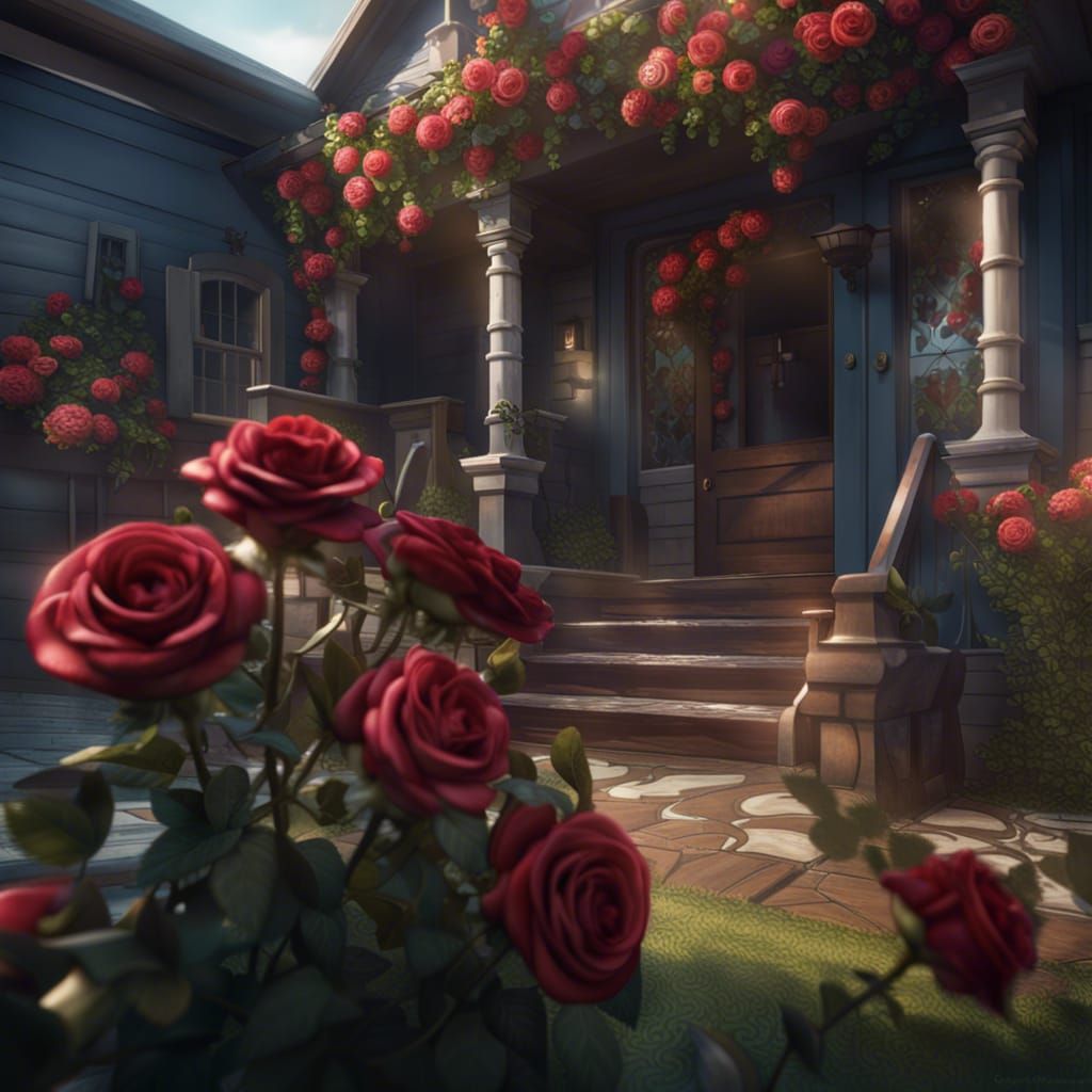 Detailed Roses on Porch in Matte Painting Style