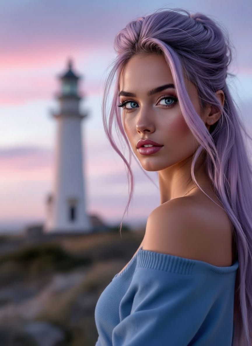 Beautiful Woman With Lavender Hair and Lighthouse