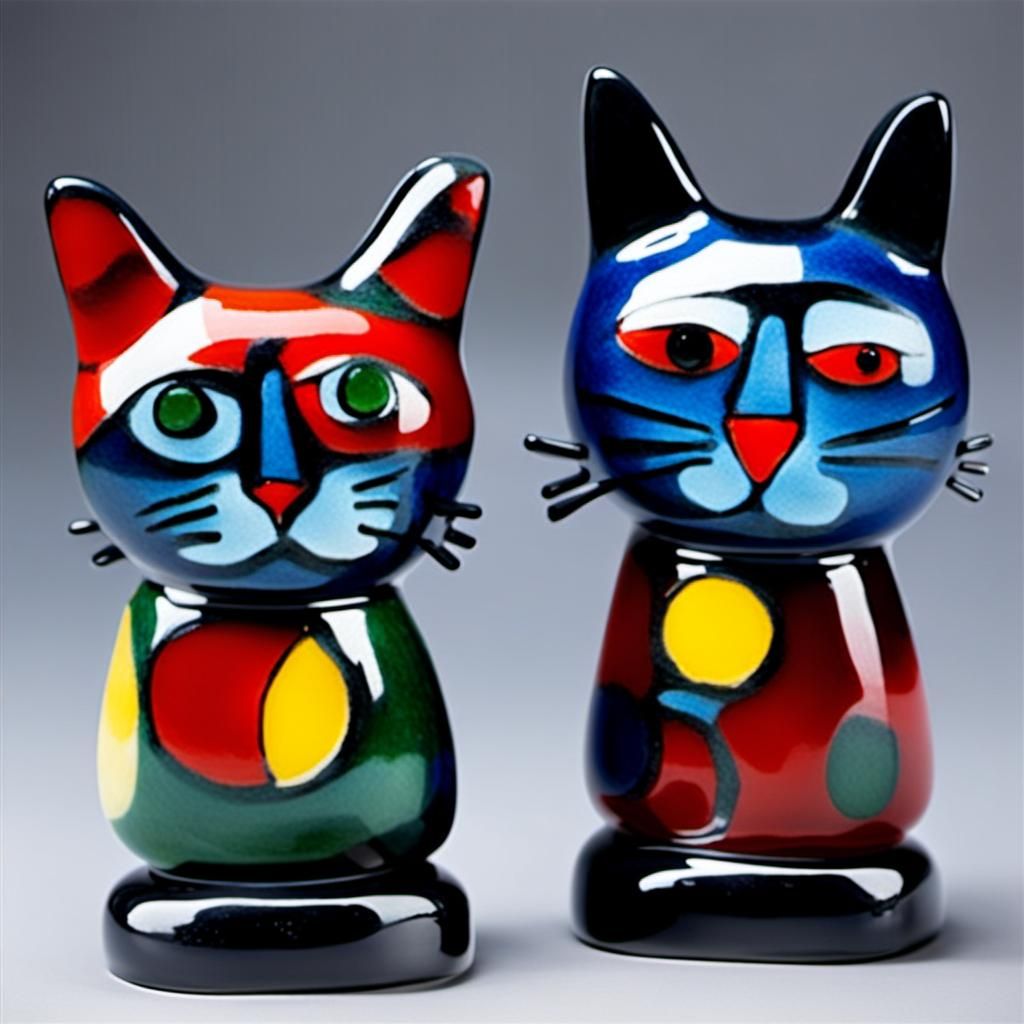 Colorful Cat Figurines in Chagall and Rothko Style