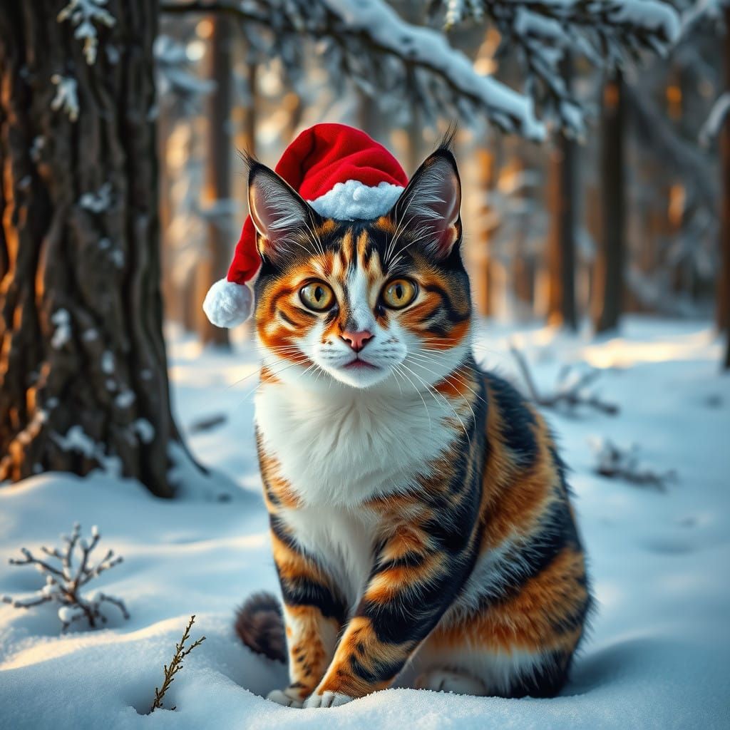 Regal Calico Cat in Snowy Pine Forest