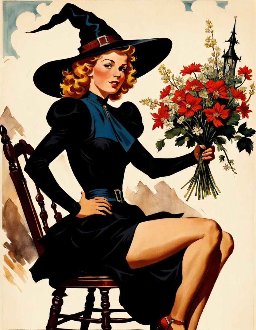 Strawberry Witch with Flower Bouquet: Vintage Poster Art