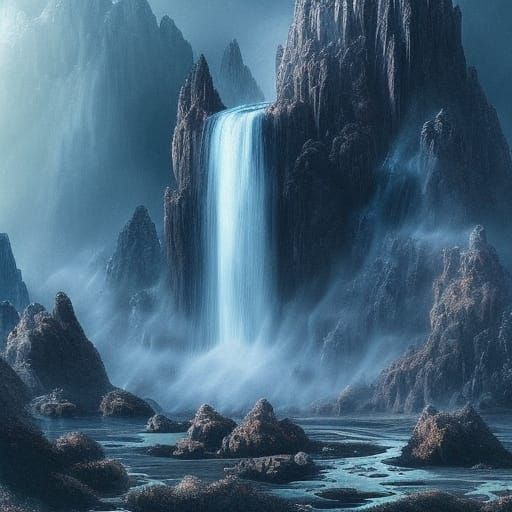 Crystal Waterfall in Lunar Landscape, Auroracore Style