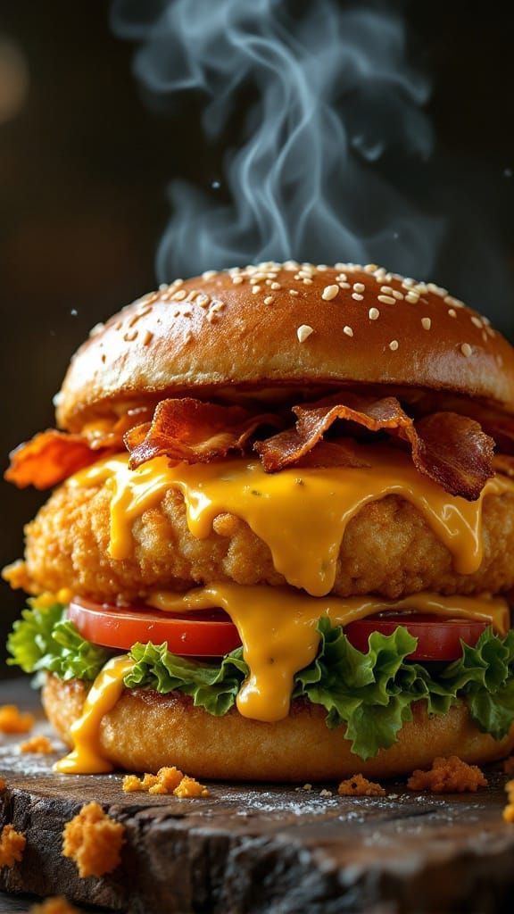 Giant Shrimp Burger with Crispy Bacon and Melted Cheese