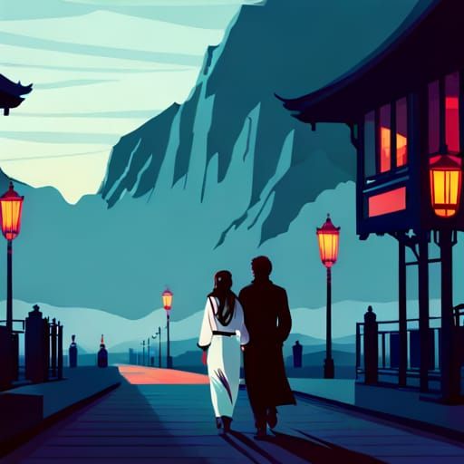 Couple Walking in Square: Art Nouveau Digital Illustration