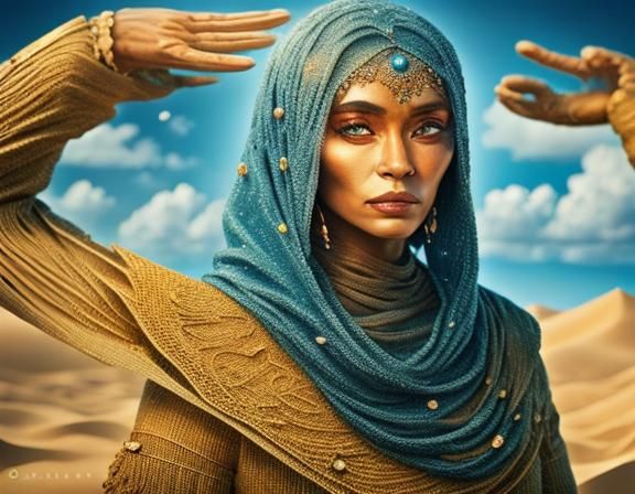 Woman in Dune Desert with Fragmented Colors