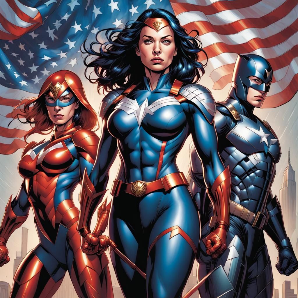 Seven Superheroes in Comic Book Style