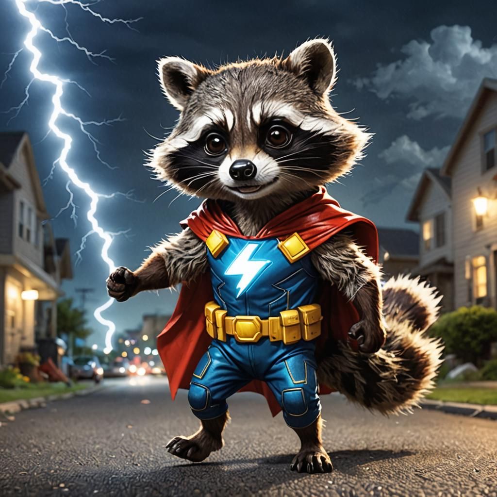 Funny Raccoon Superhero with Lightning Reflexes